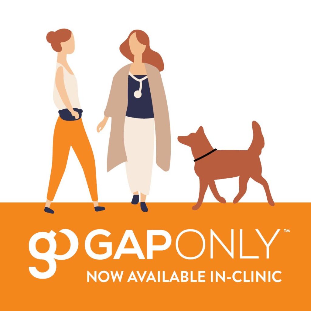 Two women walk with a dog; text reads "go GAPONLY NOW AVAILABLE IN-CLINIC."