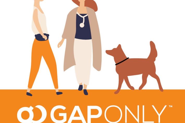Two women walk with a dog; Two women walk with a dog; text reads "go GAPONLY NOW AVAILABLE IN-CLINIC."